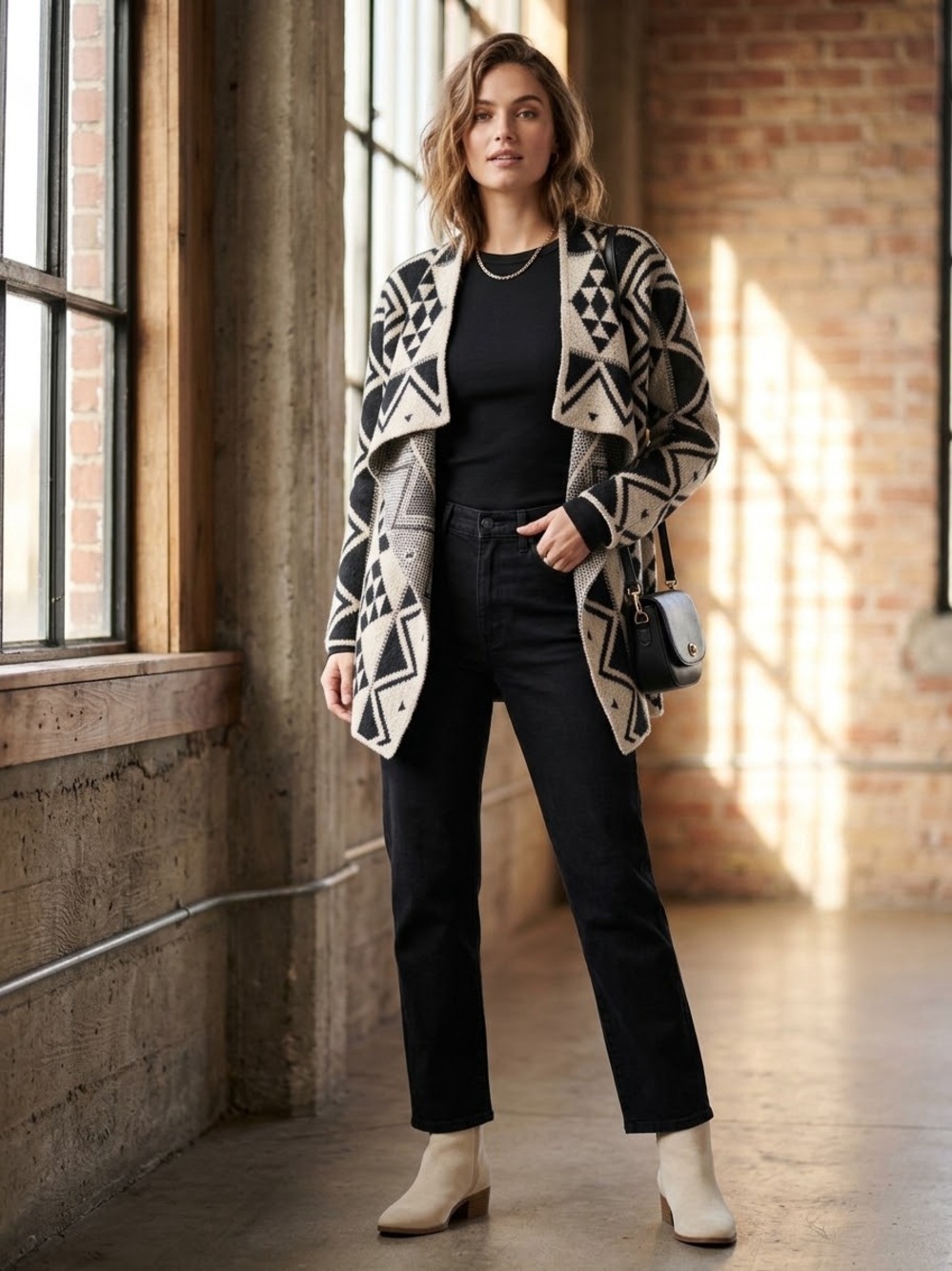 debut Black & Cream Geometric Open-Front Sweater Poncho
